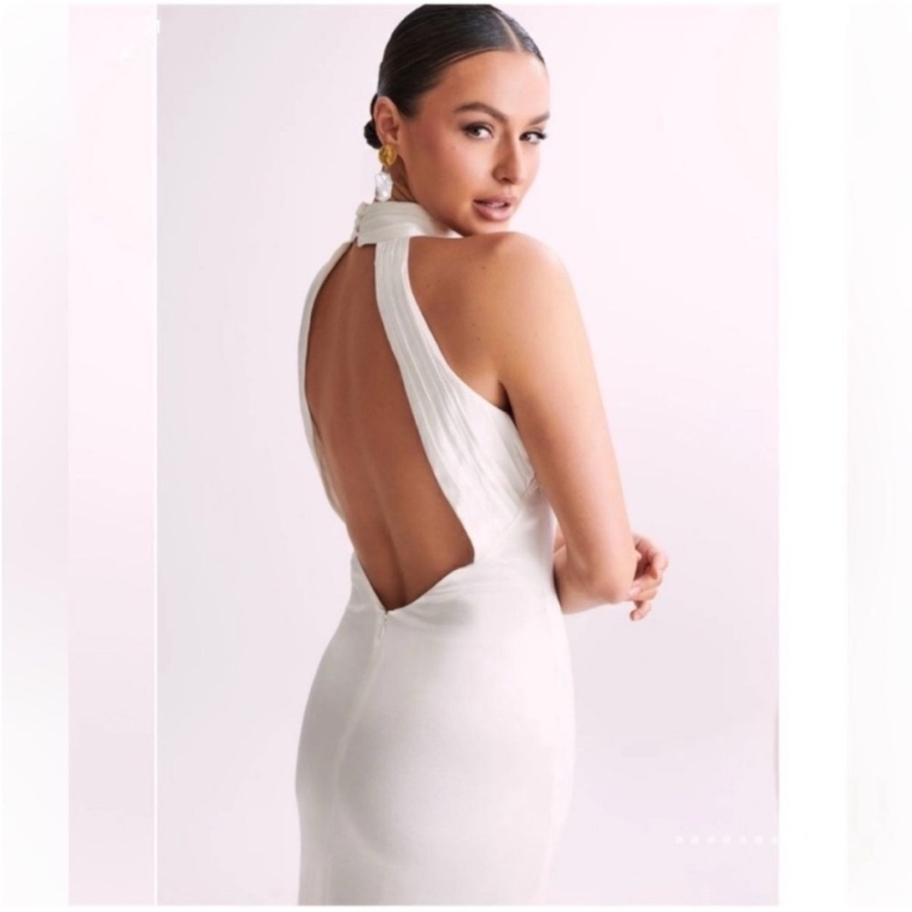 MESHKI Claire Satin Drape Back Maxi Dress Elegant White Halter Dress